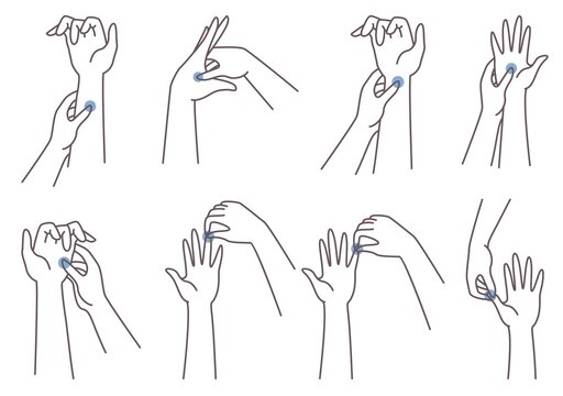 Acupressure hand massage technique. Woman pressing finger, palm, wrist points, vector illustration. Chinese medicine.