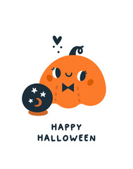 Halloween card or poster with cute spooky magic pumpkin. Childish vector illustration for holiday celebration. Flat cartoon colorful festive print for kids. Ideal for textile, cards, room decoration