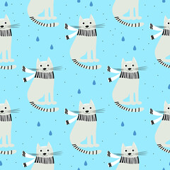 Seamless pattern with funny hand drawn cats. Animals vector illustration with adorable kittens. Tillable background for your fabric, textile design, wrapping paper or wallpaper.