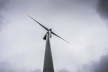 Low angle shot on a wind turbine from the Cap Chat windfarm, in Gaspesie (Quebec, Canada)