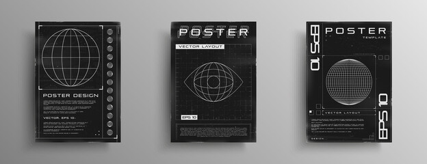 Set of retrofuturistic posters with HUD elements, broken laser grid, wireframe planet, and planet inside eye shape. Black and white retro cyberpunk style poster cover design. Vector