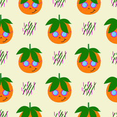 Seamless pattern with orange tangerines and green leaves. Gently orange background with dots. Vector illustration.