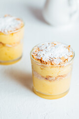 Vanilla pudding dessert called Krempita served in different way in a glass on a bright backround
