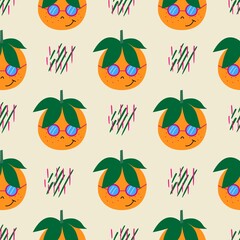 Obraz na płótnie Canvas Seamless pattern with orange tangerines and green leaves. Gently orange background with dots. Vector illustration.