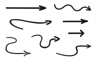 Infographic elements on isolated white background. Hand drawn simple arrows. Line art. Set of different pointers. Abstract indicators. Black and white illustration. Doodles for artwork