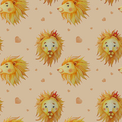 Seamless pattern. Lions with mane on a beige background with hearts. Watercolor. Hand drawing for design, decor, textiles, wallpaper, packaging, childrens collection