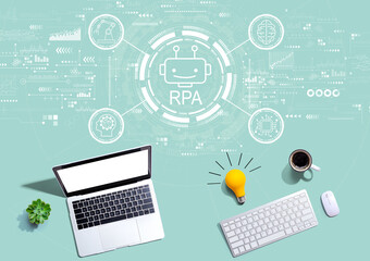 Robotic Process Automation theme with computers with a light bulb