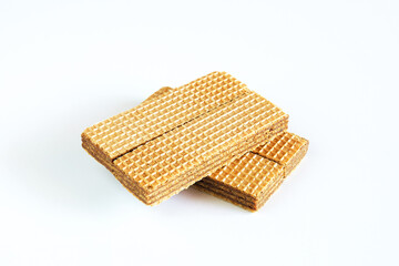 Wafers with chocolate on white background. food health.