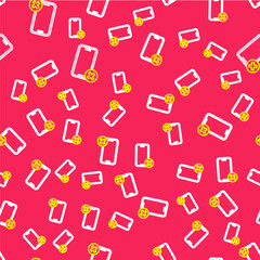 Line No cell phone icon isolated seamless pattern on red background. No talking and calling sign. Cell prohibition. Vector