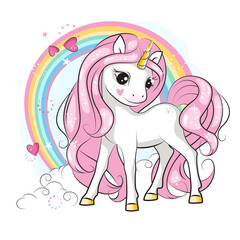 Cute smiling unicorn with pink mane and rainbow.  Illustration  for your design.  Fashion illustration drawing in modern style. Children background. Magic pony. - 444983374