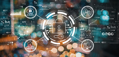 Data Security concept with blurred city lights