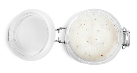 Open jar of exfoliating salt scrub isolated on white, top view