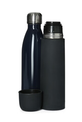 Modern thermos and bottle on white background