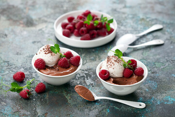 Chocolate mousse dessert with vanilla ice cream and fresh raspberries in white serving bowls, selective focus