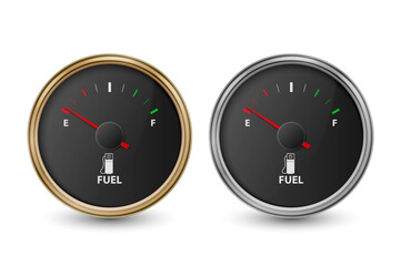 Vector 3d Realistic Golden, Silver Circle Gas Fuel Tank Gauge, Black Dial, Oil Level Bar Set Isolated on White Background. Car Dashboard Details. Fuel Indicator, Gas Meter, Sensor. Design Template