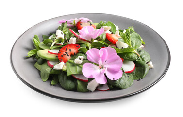 Fresh spring salad with flowers in plate isolated on white