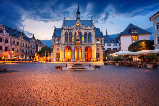 Erfurt, Germany. Cityscape image of old town Erfurt, Thuringia, Germany with the neo-Gothic Town Hall on Fischmarkt square at sunrise.