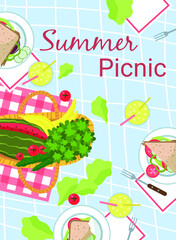 Poster or banner of summer picnic, watermelon, bananas, parsley, tomatoes, salad, sandwich on plate on tablecloth. Vector illustration. Summertime