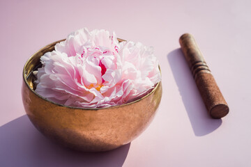 Tibetan singing bowl with floating in water pink peony inside and special stick on the pink background. Meditation and Relax. Exotic massage. Minimalism. Direct sunlight and shadows. Selective focus