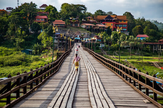 Mon Bridge, old wooden bridge at sunset in Sangkhlaburi, Kanchanaburi, Thailand