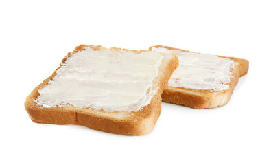 Delicious toasts with butter on white background