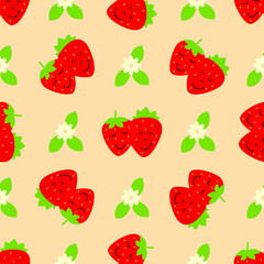 Strawberry seamless pattern. Hand drawn fresh berry. Vector sketch background. Doodle wallpaper. Red and green print
