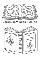 World Book Day. Isolated Opened books. Detailed doodle coloring for adults
