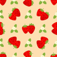 Strawberry seamless pattern. Hand drawn fresh berry. Vector sketch background. Doodle wallpaper. Red and green print