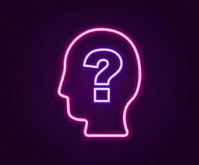 Glowing neon line Human head with question mark icon isolated on black background. Colorful outline concept. Vector