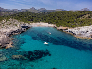 pleasure boats at anchor , protected natural area, capdepera, Mallorca, Balearic Islands, Spain