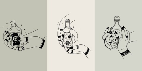 Woman hands, moon, sacred geometry stars isolated. The object of spiritual occultism. Vector illustration in black outline style. Esoteric mystical magic.