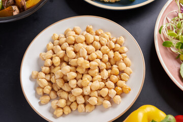 Vegetarian Buddha bowl with fresh vegetable salad and chickpea. Vegetarian and vegan food concept. Healthy eating.