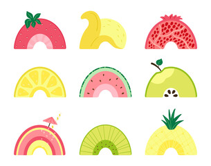 Set with a cute fruit rainbow. Illustration with slices of watermelon, apple, pineapple, pomegranate, lemon, cherry, kiwi, banana, strawberry on a white background. Vector