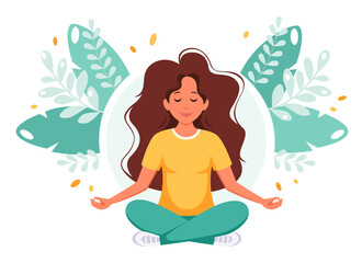 Obraz na płótnie Canvas Woman meditating in lotus pose. Healthy lifestyle, yoga, wellbeing, relax. Vector illustration