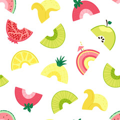 Seamless pattern with cute fruit rainbow. Background with slices summer fruits for Wallpaper, fabric, textile, wrapping paper design. Vector Illustration