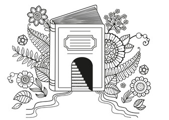 World Book Day. Black and white coloring book page for adult. Opened book. Concept with book and doodle flowers.