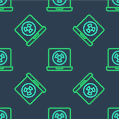 Line Nuclear laptop icon isolated seamless pattern on blue background. Vector