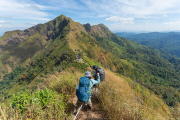 Fototapeta premium happy woman hiking on top mountain at Khao Chang Phueak, Thongphaphoom National Park, Kanchanaburi Province, Thailand. Subject is blurred, noise and color effect.