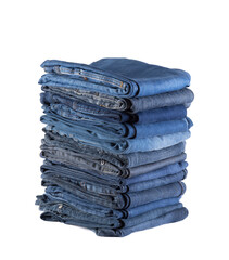 Stack of blue jeans isolated on white background with clipping path