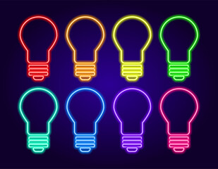 Vector neon light bulb. a set of insulated light bulbs of different colors, glowing elements on a dark background for a design template. a symbol of an idea, energy and electricity. icons of light bul