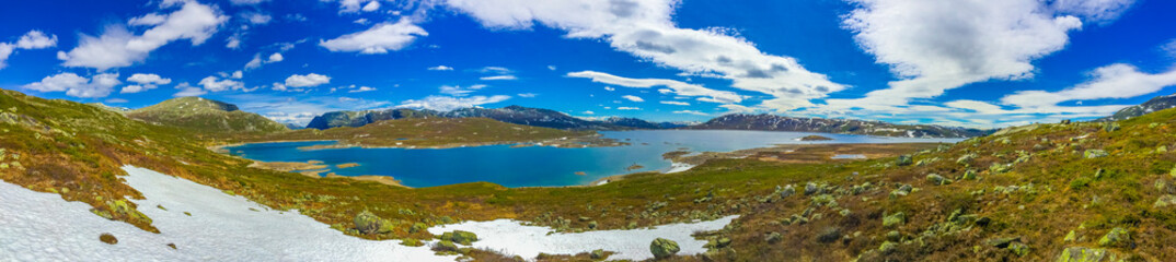 Amazing Vavatn lake panorama rough landscape boulders mountains Hemsedal Norway.