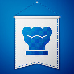 Blue Chef hat icon isolated on blue background. Cooking symbol. Cooks hat. White pennant template. Vector