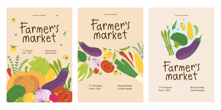 Farmers market poster design set. Fresh local vegetables in trendy flyers for food festival. Promo concept for veggie farm bazaar.