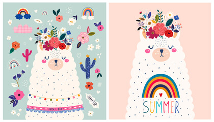 Baby design with cute llama and rainbow.  Vector illustration with cute animal lama, alpaca. Nursery baby illustration © moleskostudio