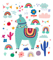 Baby design with cute llama and rainbows.  Vector illustration with cute animal lama, alpaca. Nursery baby illustration © moleskostudio