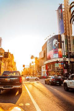 Beautiful panoramic view of the street in Hollywood at sunset. Los Angeles, USA - 21 Apr 2021