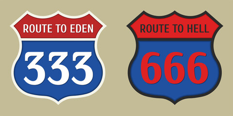USA blue-red road signs. The route to Hell 666 and the route to Eden 333