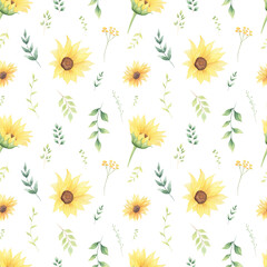 Watercolor floral sunflower hand-painted seamless pattern. Floral digital paper for textile, fabric, covers. 
