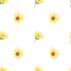 Watercolor floral sunflower hand-painted seamless pattern. Floral digital paper for textile, fabric, covers. 