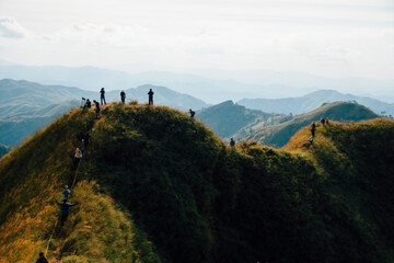 hiking group on mountain at Khao Chang Phuak, Thongphaphoom National Park, Kanchanaburi Province,...